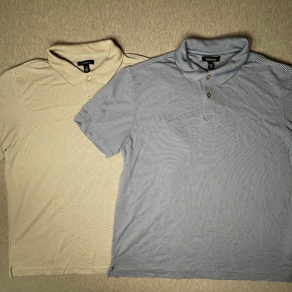 Van Heusen TWO (2) Short Sleeve Golf Polo Shirts Stripe Blue & Tan | Size Medium - Picture 1 of 16